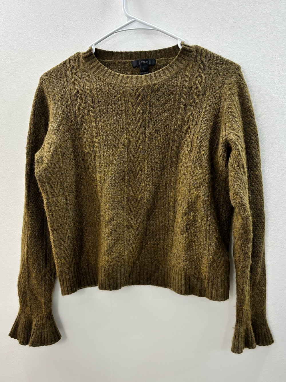 J.CREW Cozy Cable-Knit Crewneck Sweater Heathered Olive Moss Green Cropped